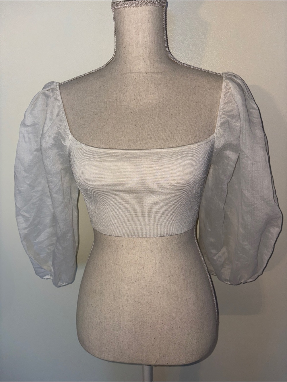 Zara White Square Neck Puff Sleeve Crop Top